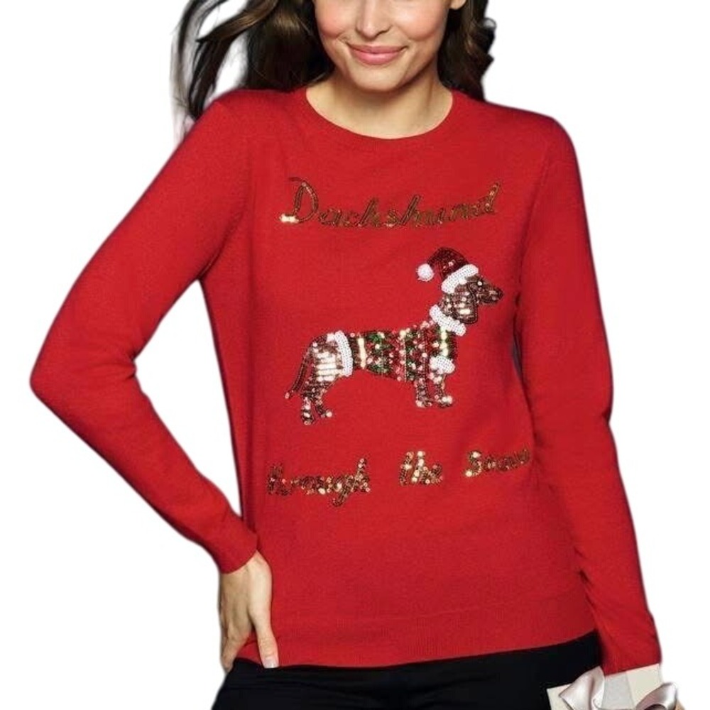 F&F Dachshund Sequin Ugly Christmas Sweater Women's 10 Red Holiday Festive Party